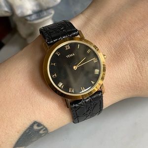 Vintage Yema Black and Gold Genuine Leather Strap Watch